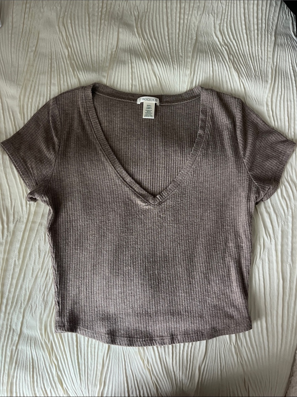 Bozzolo Taupe Ribbed V-Neck Short Sleeve Top